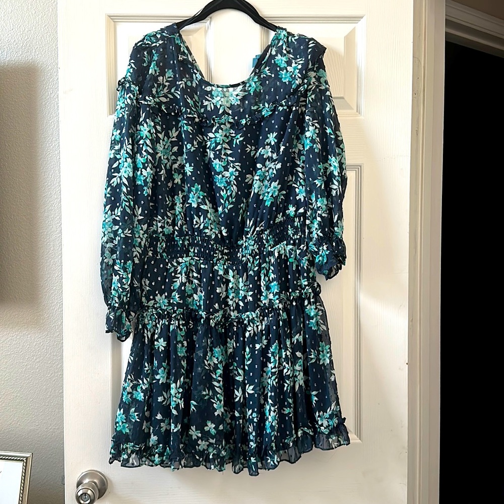 Long Sleeved Blue and Green Floral Dress